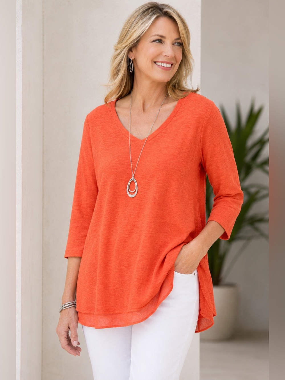 Chico’s Orange Linen Blend V Neck Tunic Top Size 2 Large